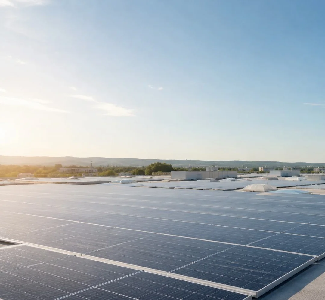 Photovoltaikmodule auf einer Dachfl&auml;che im Sonnenlicht. Symbolbild, keine Referenzanlage von ecoVira.